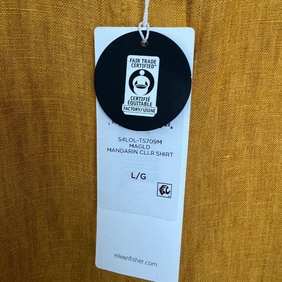 Eileen Fisher Large Linen Shirt NEW Marigold Mandarin Collar SS Button Down - Picture 6 of 7